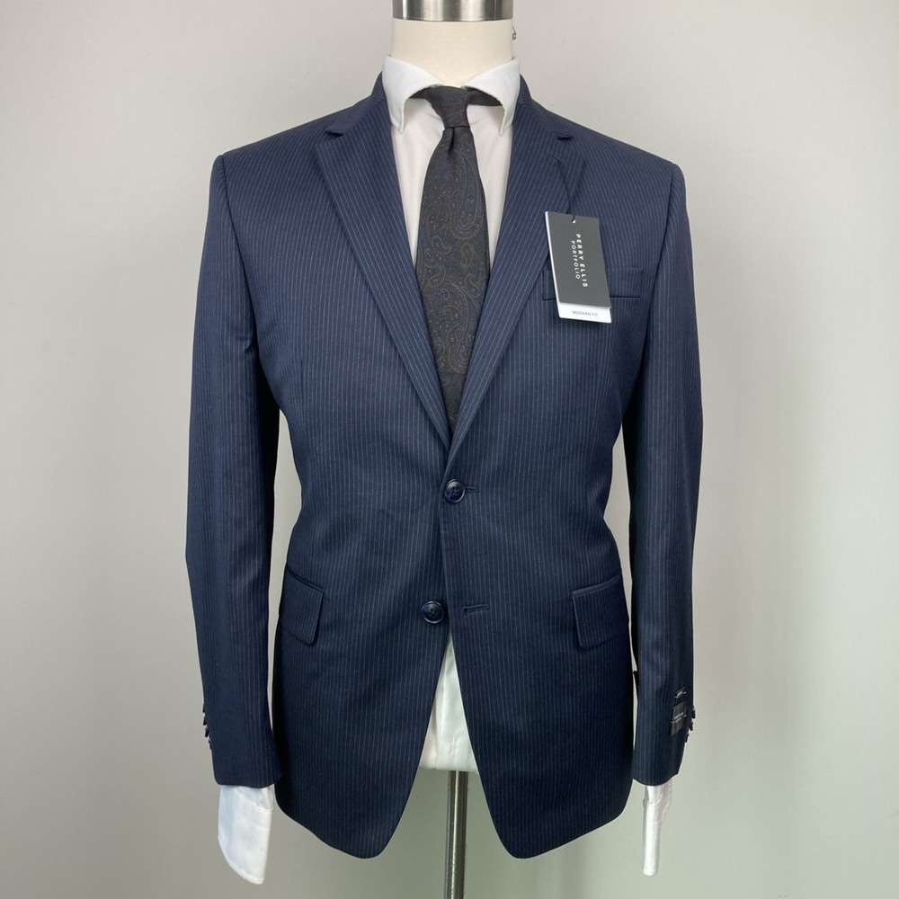 Perry Ellis Slim Fit Blazer Mens 40S Striped Blue Stretch Suit Jacket